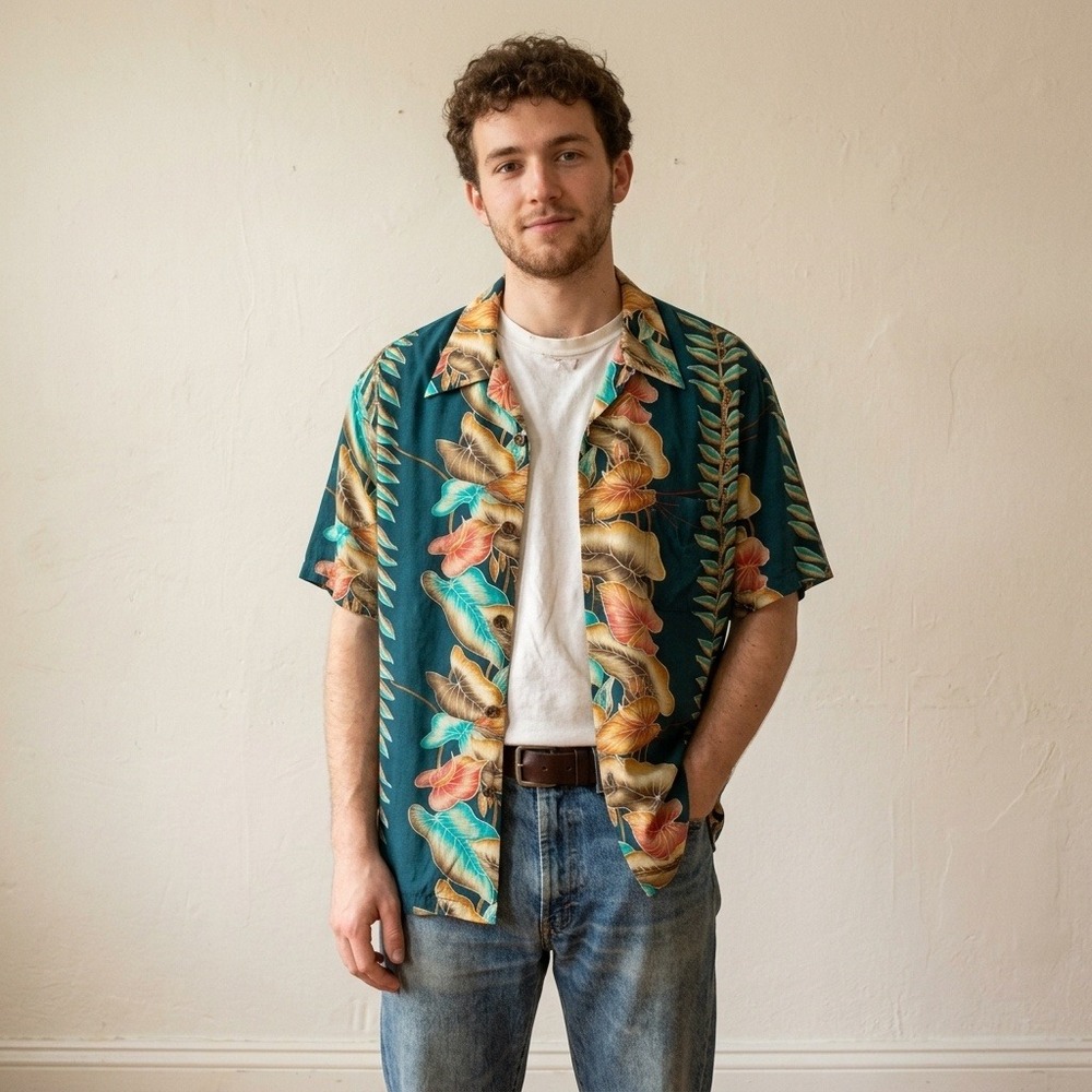 Kamehameha Mens Hawaiian Shirt XL Teal Floral Leaf Print Button Up Tropical